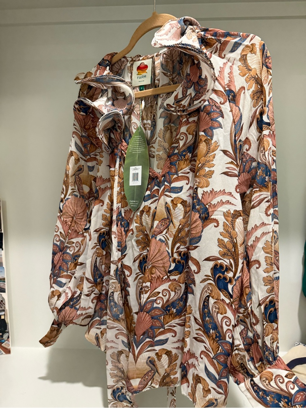FARM Rio Cream Button-Down Shirt with Blue & Brown Floral Paisley